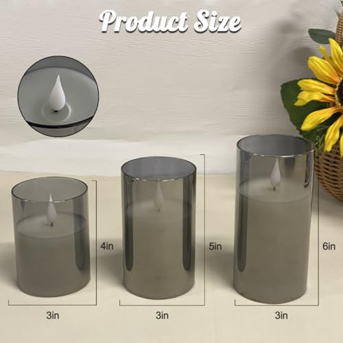 Rechargeable Flameless Candle, Flashing LED Pillar Real Wax Candle with Remote Control and Timer, Upgraded Teardrop Wick, Gray Electronic Candle, 1 Set of 3 - color: Grey Glass-Droplet