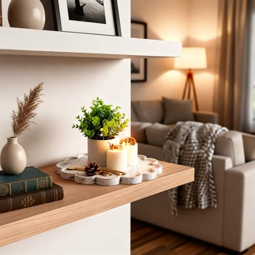BreezeHug White Decorative Serving Tray Wood 12.6 Inch Scalloped Serving Tray Round Wooden Display Plate with Scalloped Borders for Coffee Table Living Room Bedroom Entryway Decoration - color: White
