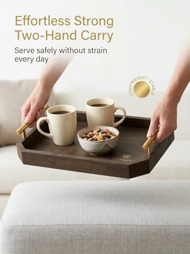 Luxury Decorative Wooden Serving Trays, Dark Brown Hexagonal Design with Gold Handles, 18x12 in/13.7x8.8 in, Modern Ottoman Tray Set of 2 for Coffee Table, Bar, Home Decor, Serving