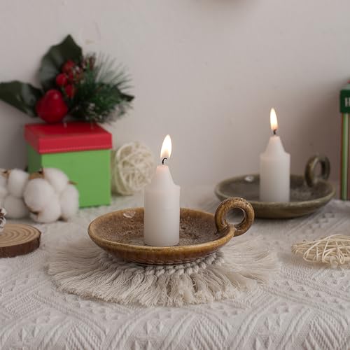 1pack Vintage Ceramic Candle Holders with Handle, Round Farmhouse Ceramic Plate Tray,Sage Holder for Burning,Incense Holder for Meditation Room Home Decor (Khaki) - color: Khaki