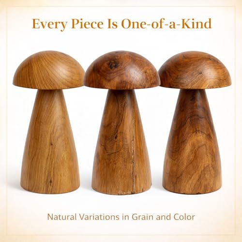 Solid Teak Wood Mushroom Decor, Handmade Wooden Sculpture Rustic Boho Tabletop Accent, Natural Wood Grain Home Decoration Figurine for Living Room, Shelf, Coffee Table Indoor Decor