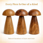 Solid Teak Wood Mushroom Decor, Handmade Wooden Sculpture Rustic Boho Tabletop Accent, Natural Wood Grain Home Decoration Figurine for Living Room, Shelf, Coffee Table Indoor Decor