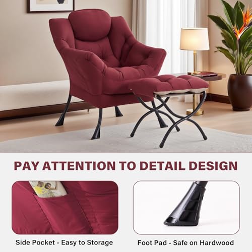Tiita Lazy Chair with Ottoman, Red Modern Large Accent Chair, Comfy Leisure Sofa Armchair with Ottoman, Reading Chair with Footrest for Bedroom, Living Room, Dorm Rooms, Wine red - color: Burgundy