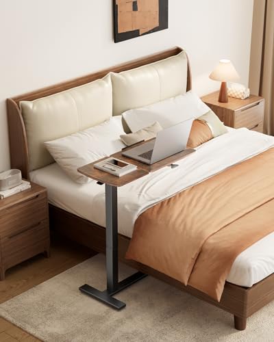 Sakugi Overbed Bedside Table with Wheels, Height Adjustable Laptop Desk, Hospital Bed Table with Tilt Top, Rolling Bed Tray for Home & Office,27.6" L x 12.9" W x 29.1"–39" H, Brown - color: Brown