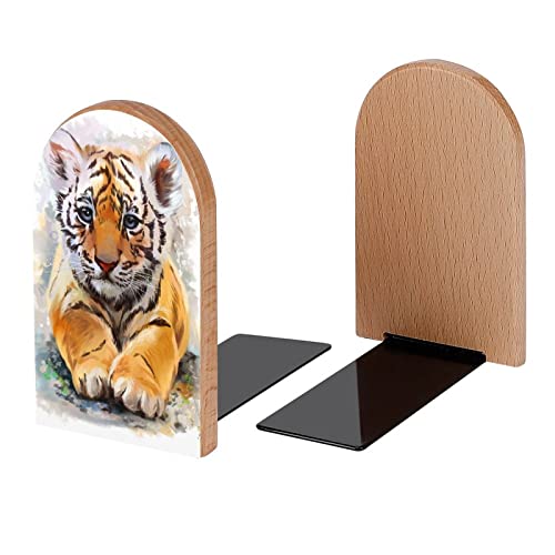 Cute Little Tiger Cub Book Ends Decorative Wood Bookends for Shelves Kids Room Desk Home Office Book Stoppers for Magazines,Books, DVDs, 1 Pair/2 Pieces(5x3.1 in) - color: Little Tiger Cub