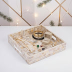 PEMAR 10" Mother of Pearl Catchall Tray for Coffee Table, Entryway, Nightstand. Square Serving Tray Wooden Luxury Decorative Handmade Eating Platters w Insert Handles (White Cream Squares Pattern)