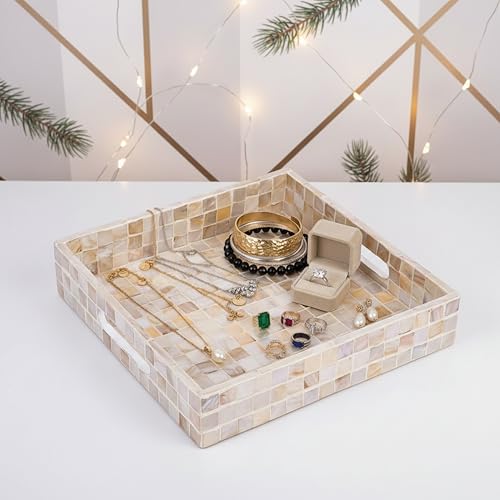 PEMAR 10" Mother of Pearl Catchall Tray for Coffee Table, Entryway, Nightstand. Square Serving Tray Wooden Luxury Decorative Handmade Eating Platters w Insert Handles (White Cream Squares Pattern)