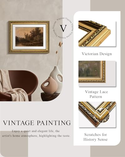 VIYYIEA Vintage Gold Framed Wall Art for Living Room, Lakeside Forest Artwork Prints Decor, Farmhouse Moody Landscape Wall Decor, Gallery Picture Painting, for Bedroom Bathroom Kitchen 14L x 11W - color: Lakeside Forest, size: 14"L x 11"W