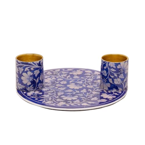 Yair Emanuel Flat Plate Candle Holders for Shabbat 4 Inch Vibrant Pattern Design Modern Judaica Gift (CSE-6 Blue Pottery) - color: Cse-6 Blue Pottery