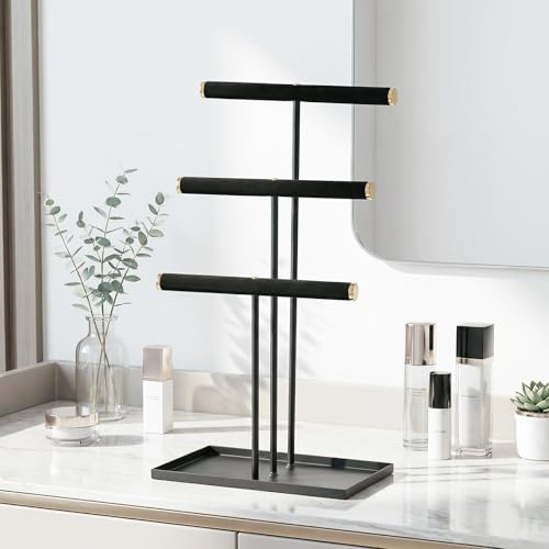 Jewelry Organizer Stand, Necklace Holder with Metal Frame, Jewelry holder stand Tree for Display, Bracelets Earrings and Ring Tray for Women (Black, 3 Tier) - color: Black