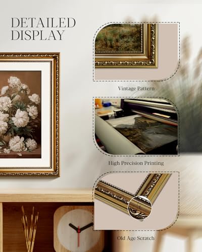 HUARCEY Vintage Peony Canvas Wall Art 13x16 Inch Gold Framed Floral Oil Painting, Still Life Classic Flower Bouquet Artwork Living Room Bedroom Hallway Entryway Dining Room Décor - color: Falling, size: 16"L x 13"W