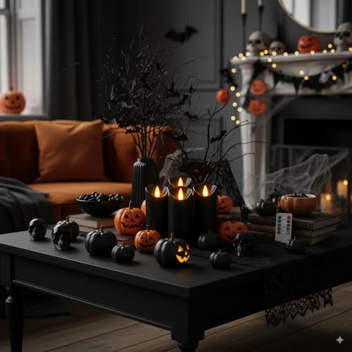 Homemory Black Flameless Candles, Halloween Candles, Battery Operated Candles, LED Pillar Candles with Remote Control and Timers, Set of 9 - color: Black