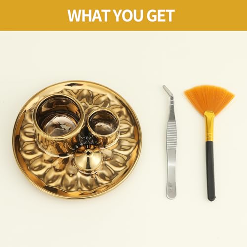 Handmade Ceramic Incense Burner for Palo Santo Incense Sticks, 4 in 1 Multi-Purpose Sage Holder for Burning, Ash Catcher Tray for Meditation Yoga Room (Golden) - color: Golden