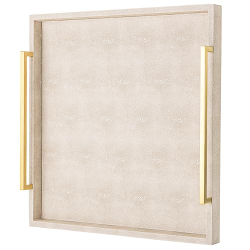 Large Ottoman Tray for Coffee Table,Square Shagreen Leather Decorative Tray with Gold Handles for Living Room Decor - color: Ivory, size: 20" x 20" x 3"