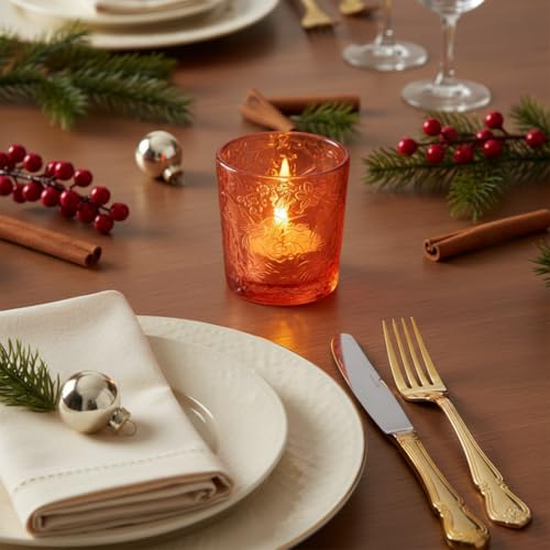 12 Pack Hummingbird Embossed Glass Candle Holders – Votive Tealight Holders with Patent Design, Decorative Embossed Glass Cups for Wedding Centerpieces, Parties, and Home Décor (Pumpkin Spice) - color: Pumpkin Spice