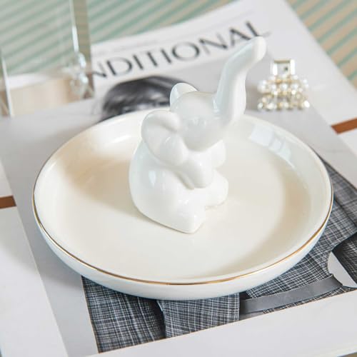 Elephant Ring Holder Dish, Ceramic Jewelry Tray Trinket Dish for Necklace Keychain Organizer, Cute Funny Birthday Wedding Mothers Day Gift for Women Friends Girls - style: White Elephant