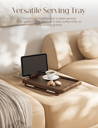 HOLANA 15.75" Acacia Couch Armrest Table - Wood Couch Arm Tray with Phone Holder – Sofa Side Table, Armchair Caddy, Sofa Arm Table for Home Sofa Living Room (Walnut) - color: Walnut, size: 15.8" x 11" x 2"