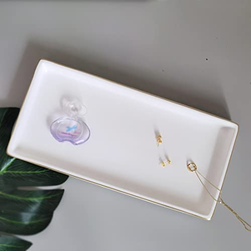10 x 5 Ceramic Bathroom Tray for Countertop, Decorative Vanity Tray for Dresser Tops, Small Rectangular Trays for Perfume, Candle, Jewelry, Cosmetics (White) - color: White