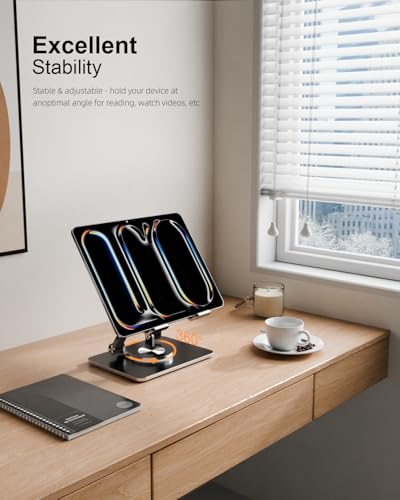 Orlian Tablet Stand Holder with Thickened 360°Rotating Base Dual Rod Adjustable Aluminum Stand for All 5.8-12.9” iPad Samsung Phone Tablet Kindle E-Reader and More, Black - color: Black