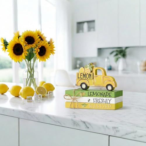 Smile Wooden Summer Indoor Decorations, Mini Tiered Tray Decor with Sunflower and Twine, Rustic Wooden Decorative Books Stack with Wood Truck Sign for Home Kitchen Shelf Tabletop - style: Summer Truck
