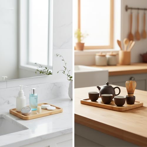 Bamboo Vanity Tray, Bathroom Counter Tray Natural Wooden Decorative Tray Kitchen, Shower, Dining Table Vanity,10×6.9 Inch - size: 10" x 6.9" x 0.6"