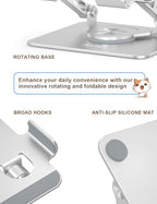 Aoviho Tablet Stand 360° Rotating Aluminum Holder, Adjustable, Portable and Foldable Monitors Stand for iPads, Compatible with 4-12.9" Tablets, Silver - color: Silver