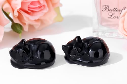 QINJIEJIE Black Obsidian Cat Decor Crystals and Healing Stones Figurine Sleeping Cats Stone Statue Gift Carved Gemstones Sculpture Office Home Desk Kitten Cute Cat Decor for Men Stocking Stuffers - color: A-black-glossy Obsidian, size: 1.5 inches