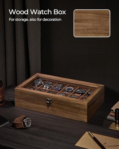 SONGMICS 12-Slot Watch Box, Watch Display Case with Large Glass Lid, Removable Watch Pillows, Velvet Lining, Gift Idea, Rustic Walnut UJOW120K01 - color: Rustic Walnut, size: 1 Layer 12 Slot