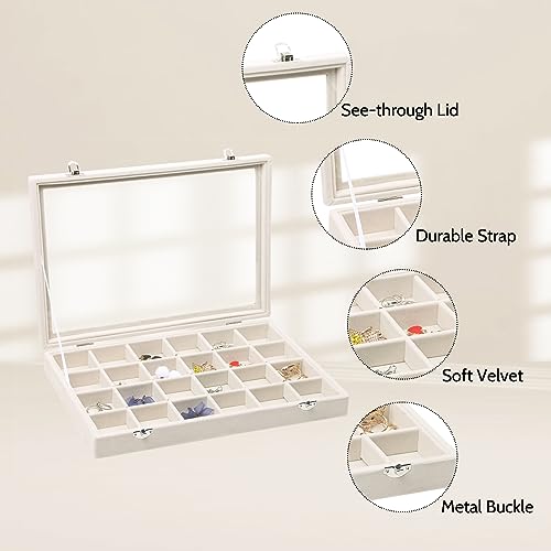 Stratalife Jewelry Organizer Jewelry Tray with See-through Lid 24 Grids Earring Display Showcase Large Velvet Storage Box for Earring Necklace Rings Dice Beige - color: Beige, size: 24 Grid