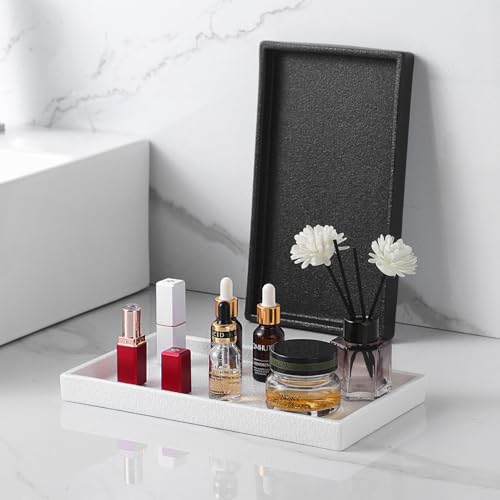 Bathroom Vanity Tray - 11'' Ceramic Rough-Textured Rectangle Countertop Tray, Heavy-Duty Perfume Organizer Plate, Jewelry Ring Tray, Kitchen Soap Dispenser Stone Trays, Black - color: Black