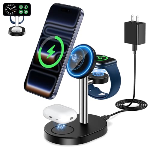 Hevanto 2026 3 in 1 Wireless Charging Station for Apple MagSafe Charger, 15W Fast Magnetic Mag-Safe Charger Stand for iPhone 17 16 15 14 13 12 Apple Watch AirPods Compatible with MagSafe, Silver&Black - color: Silver&Black