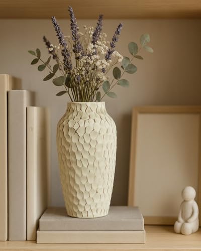 12.4" Yellow Ceramic Vase, Large Rustic Textured Decorative Vase for Farmhouse Home Decor, Tall Pottery Vase for Dried Flowers & Pampas Grass, Warm Accent Centerpiece for Table, Shelf - color: Yellow, size: 12.4 Inch