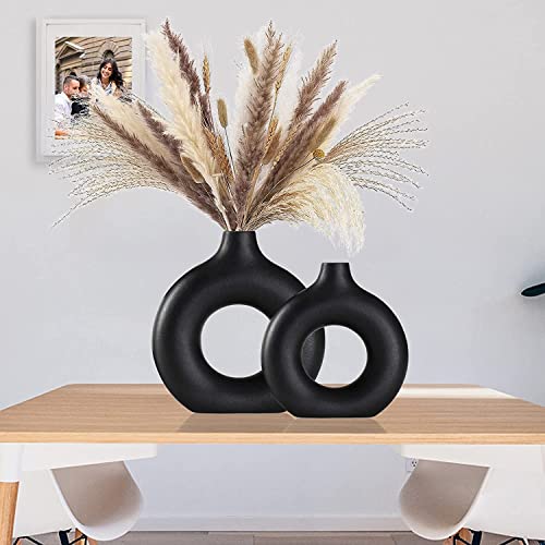 Black Ceramic Vases Set of 2, Modern Design for Home Decor,Black Style for Pampas Grass Matte Ceramic Vase for Farmhouse Living Room Kitchen Bedroom Mantle Coffee Dining Table Decoration - color: Black, size: Small + Big