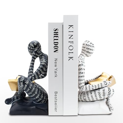 Heavy Duty Book Ends for Shelves, Thinker Decorative Bookends for Heavy Books, Unique Book Stoppers to Hold Book, Bookshelf Accessories, Modern Home Office Decor Aesthetic Black & White - style: Readers