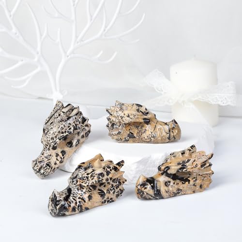 mookaitedecor Natural Grass Flower Jasper Stone Dragon Head Figurine, Gothic Dragon Skull Statue Animal Carving Sculpture for Collection Home Decor - style: Dragon Head
