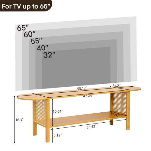 Bamboo TV Stand for TVs up to 65", Accent Entertainment Center with Storage, Media Console Table with Rattan, Modern TV Stand for Living Room, Bedroom, 55"(L), Burlywood - color: Burlywood Rattan