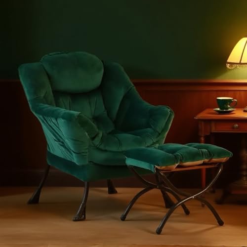 Tiita Lazy Chair with Ottoman, Green Modern Large Accent Chair, Comfy Leisure Sofa Armchair with Ottoman, Reading Chair with Footrest for Bedroom, Living Room, Dorm Rooms, Velvet Green - color: Green