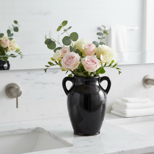 Sunddo Black Ceramic Vase - 8 Inch Modern Decorative Vase with 2 Handles, Black Centerpiece for Home Decor, Living Room, Kitchen Table, Mantle Fireplace, Bathroom Decor - color: Black - 8, size: 8 Inch