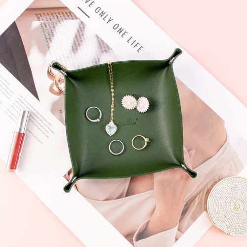 SANQIANWAN PU Leather Arc Edge Jewelry Valet Tray for Man and Women, Portable Mini Entryway Table Tray Bedside Nightstand Desk Tray Small Travel Dish Plate for Key,Wallet,Watch,Coin (DarkGreen) - color: Darkgreen