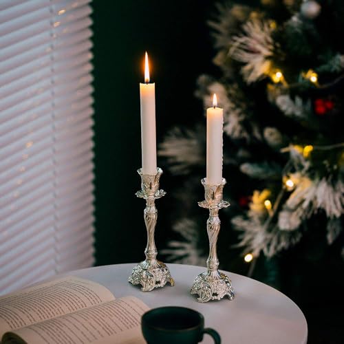 Sziqiqi Silver Plated Candlestick Holders Set of 2 Taper Candle Holders Deluxe Ornate Candle Holders for Shabbat Taper Candles, Candle Centerpiece, Wedding Candles, Christmas Candle, 7.4inch - color: Silver
