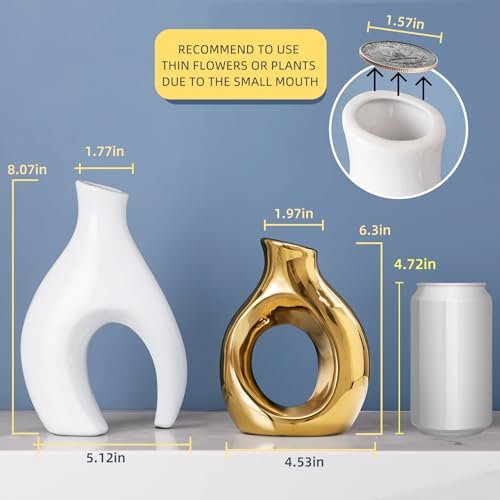 White and Gold Vases, Set of 2 vases Flowers, Pretty Vase Home Decor Boho, Hollow Modern Ceramic vase for Centerpieces - color: Gold Ocean