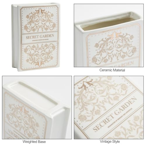 Ceramic Book-Shaped Vase for Flowers, Book Lovers Gifts Planter Pot, Aesthetic Room Decor Cute Unique Flowers Vases for Home, Bookshelf, Bookish, Bedroom & Office Decor for Women, Reader Gift (White)