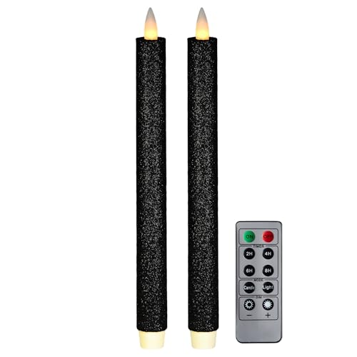 Flameless Taper Candles Flickering with Remote and Timer, 3D Moving Flame Taper Candle Battery Operated to 400 Hours, 9 Inch Window Candles, (Glitter Black) - color: Glitter Black