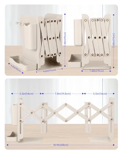 Honagu Adjustable Bookends, Metal Book Ends for Shelves Heavy Book, Bookend for Home, Office, Books, Papers, Book Stopper with Removable Hook, Pen Holder, Gifts for Students, Teachers（Milky White） - color: Milky White