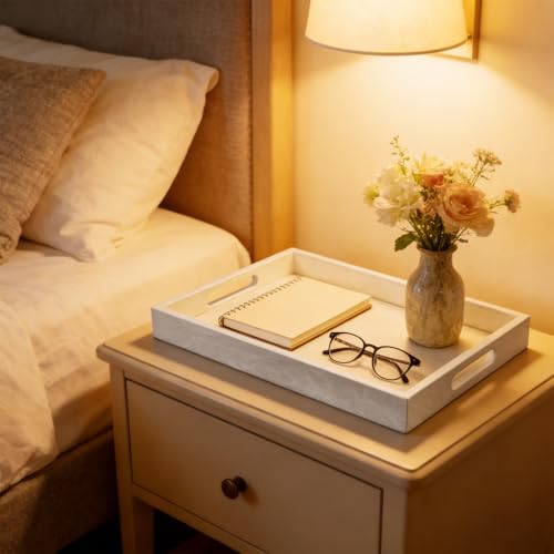 18x12 inches Leather Ottoman Serving Tray with Hole Handles, Rectangle Modern Service Tray for Living Room, Coffee Table, Bed, Tea, Food, Butler Countertop, Kitchen, Dinner, Picnic (White) - color: White, size: 18" x 12" x 2"