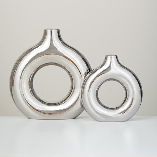 White and Gold Donut Vase, Modern Ceramic Vase for Pampas Grass, Perfect Centerpiece for Weddings, Living Room, and Office Decor (Full Silver, Set(S+L)) - color: Full Silver, size: SET(S+L)
