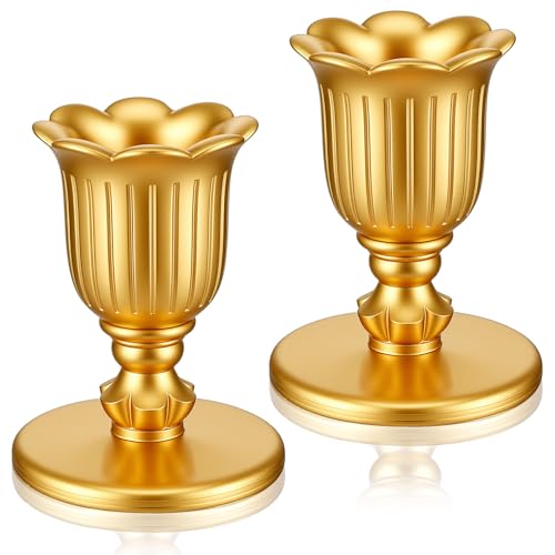 2 Packs Gold Candlestick Candle Holders for Taper, Vintage Candlestick Candle Holders Brass, Victorian Style Brass Color Candle Stick for Table Centerpiece, Wedding, Christmas Decoration