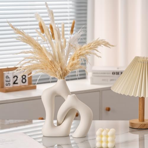 Ceramic Vase Set of 2, White Decorative Aesthetic Flower Vase for Home Décor Modern Minimalist Table, Fireplace, Shelf, Mantel, Entryway Centerpieces - color: Matte Pure White