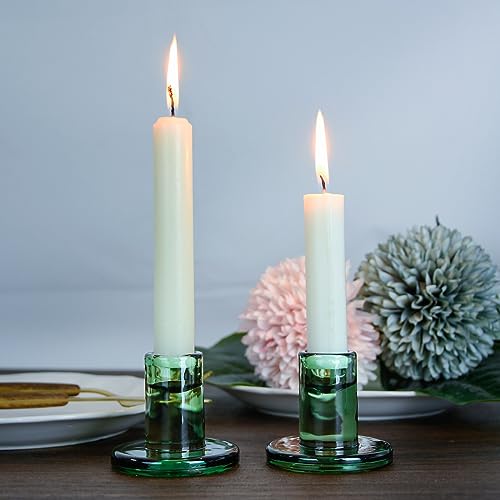 TELOSMA Green Glass Candlestick Holders 6PCS, Short Candle Holders fit to Taper Candles which Diameter 5/6-7/8 inch- Summer Dinner Table Decor, Winter Windowsills/Fireplace Mantel Centerpiece - color: Green