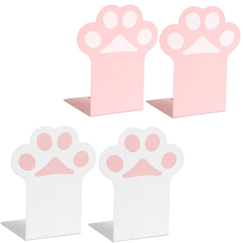 2 Sets Cat Paw Metal Bookends Cute Desktop Bookshelf Sturdy Cartoon Bookshelf for Home and Office Decoration - color: 1 Set Pink+1 Set White